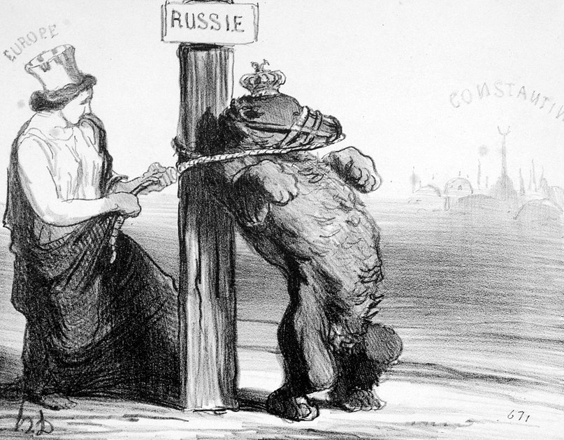 Литография французского художника-карикатуриста Оноре Домье времен Крымской войны «Расстроенный медведь». На заднем плане в правой части изображения — надпись «Константинополь»