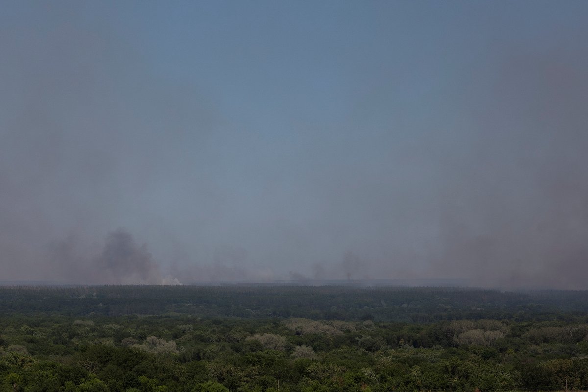 Дым поднимается после артиллерийского обстрела у линии фронта в ДНР, 19 июня 2023 года
