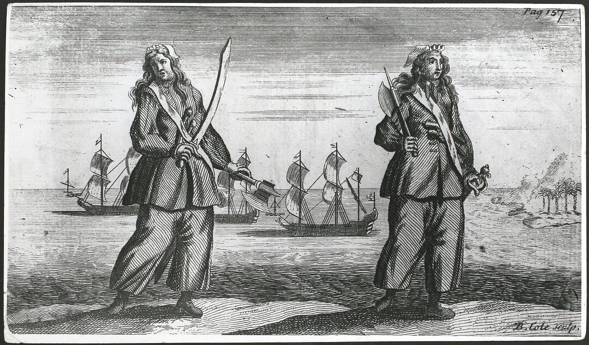 Пираты Энн Бонни и Мэри Рид. Они были осуждены за пиратство судом вице-адмиралтейства в Сент-Джаго-де-ла-Вега на острове Ямайка 28 ноября 1720 года.