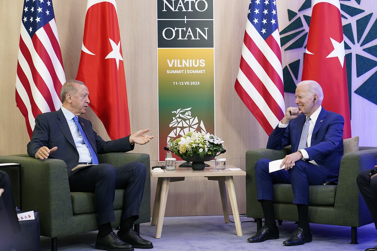 US President Joe Biden and Turkish President Recep Tayyip Erdogan during a meeting on the sidelines of the NATO summit in Vilnius, Lithuania, Tuesday, July 11, 2023. 