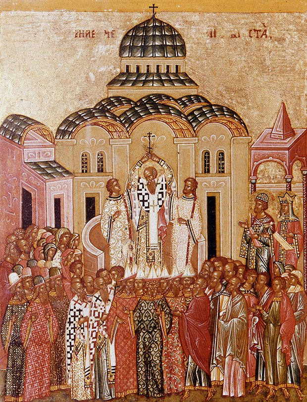 Репродукция иконы «Воздвижение креста», XV-XVI века. Из Софийского собора в Новгороде