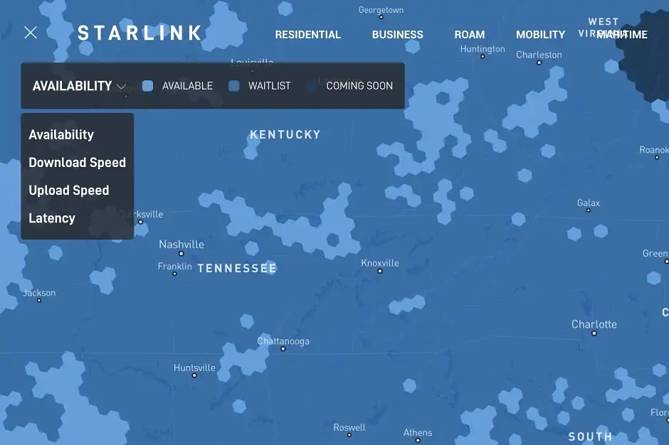 Карта покрытия Starlink