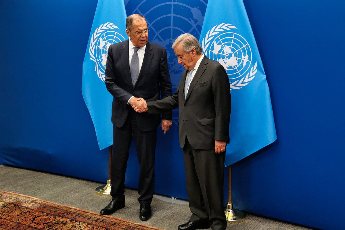Сергей Лавров и Антониу Гутерриш на 78-й сессии Генеральной Ассамблеи ООН в Нью-Йорке, США, сентябрь 2023 года
