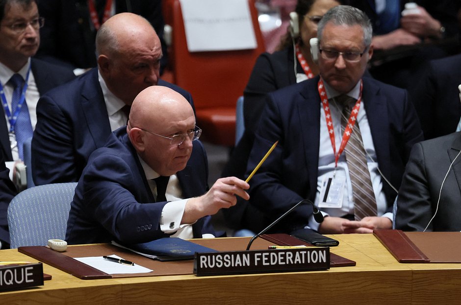 Постоянный представитель Российской Федерации при ООН Василий Небензя выступает на министерском заседании Совета Безопасности ООН по кризису на Украине в штаб-квартире ООН в Нью-Йорке, 20 сентября 2023 года