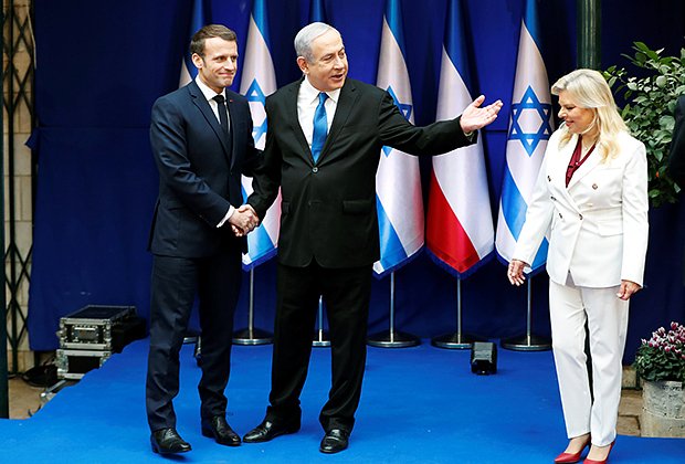 Биньямин и Сара Нетаньяху на встрече с президентом Франции Эммануэлем Макроном в Иерусалиме, 22 января 2020 года