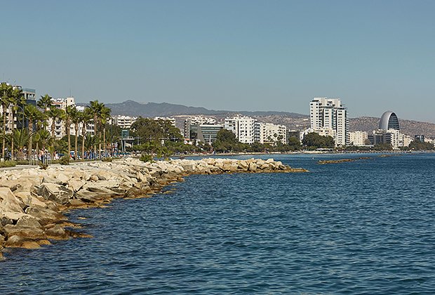 LIMASSOL, CYPRUS - OCTOBER 21, 2017: View Of Limassol In Cyprus And Its Surrounding Beach Area During Summer Time.