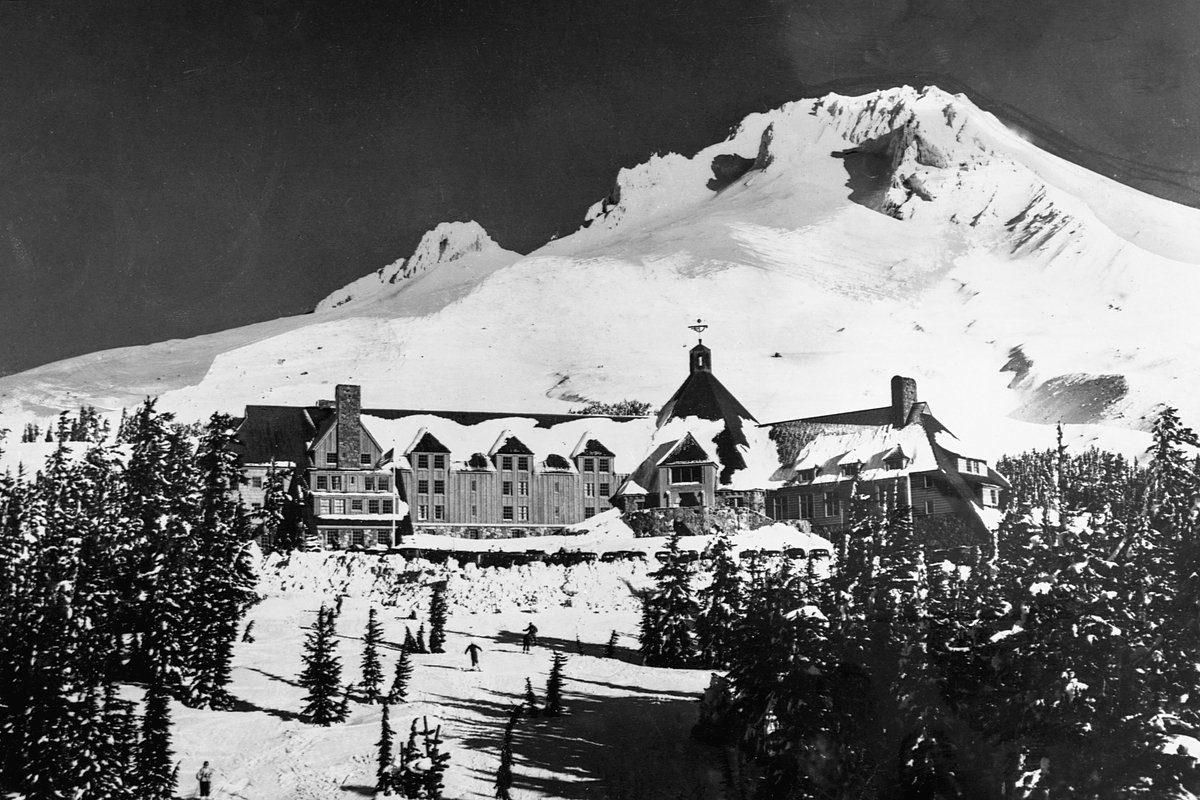 View of Timberline Lodge on Mount Hood, Oregon. 