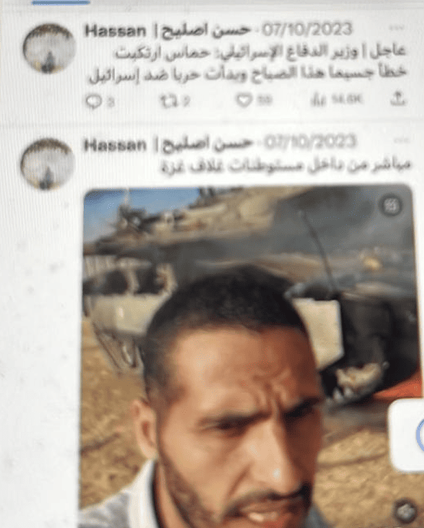 Скриншот удаленного поста Хассана Эслайи в X (бывшее название — Twitter). На снимке видно, что на Эслайе нет ни журналистского жилета, ни шлема. Подпись к фотографии гласила: «Прямая трансляция из поселений сектора Газа»