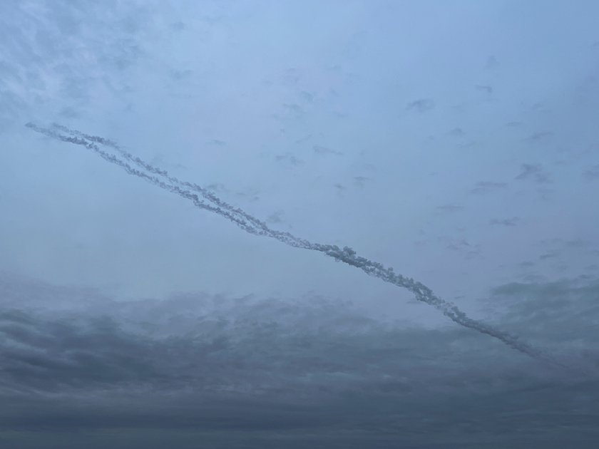 Missile traces are seen in the sky over the city after a Russian missile strike, amid Russia's attack on Ukraine, in Kyiv, Ukraine November 11, 2023.