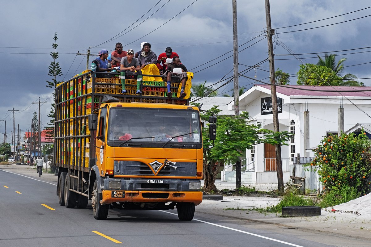 Рабочие на крыше грузовика в деревне на острове Эссекибо, регион Западная Демерара, Гайана, 2019 год 