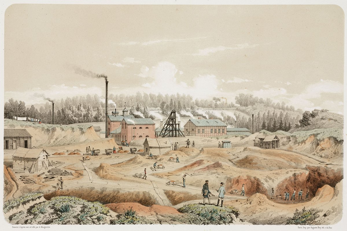 Литография Адольфа Можандра, на которой изображен один из цинковых рудников, принадлежащих Societe Anonyme de Mines et Fonderies de Zinc de la Vieille Montagne в Нейтральном Мореснете
