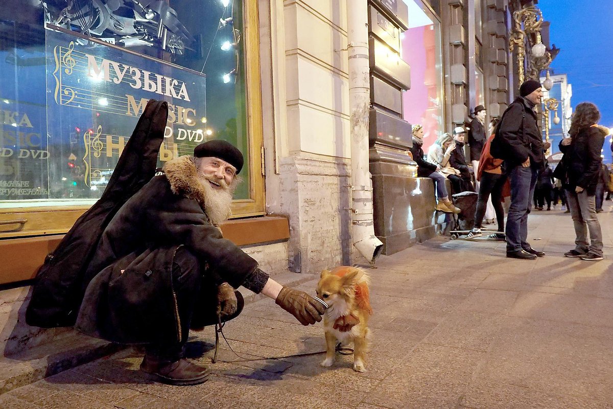 Музыкант с собакой на Невском проспекте, Санкт-Петербург, 10 апреля 2017 года