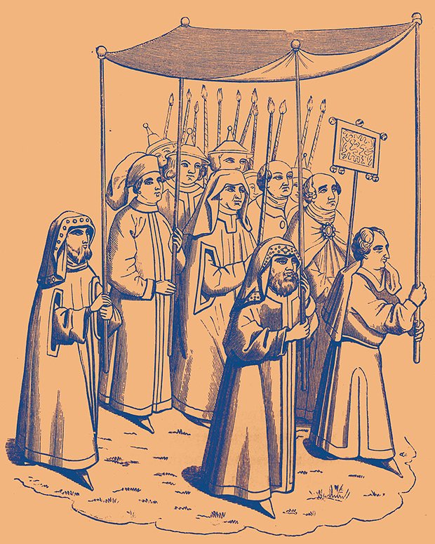 Еврейская процессия направляется к Констанцскому собору. Евреи созовут Синод в 1418 году и принесут подарки Мартину V, чтобы убедить его отменить антиеврейские законы, установленные антипапой Бенедиктом XIII
