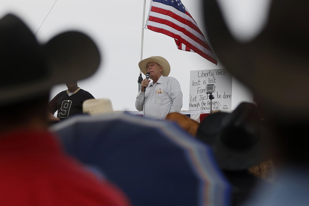 Владелец ранчо Клайвен Банди разговаривает с протестующими в Банкервилле, штат Невада, 11 апреля 2014 года