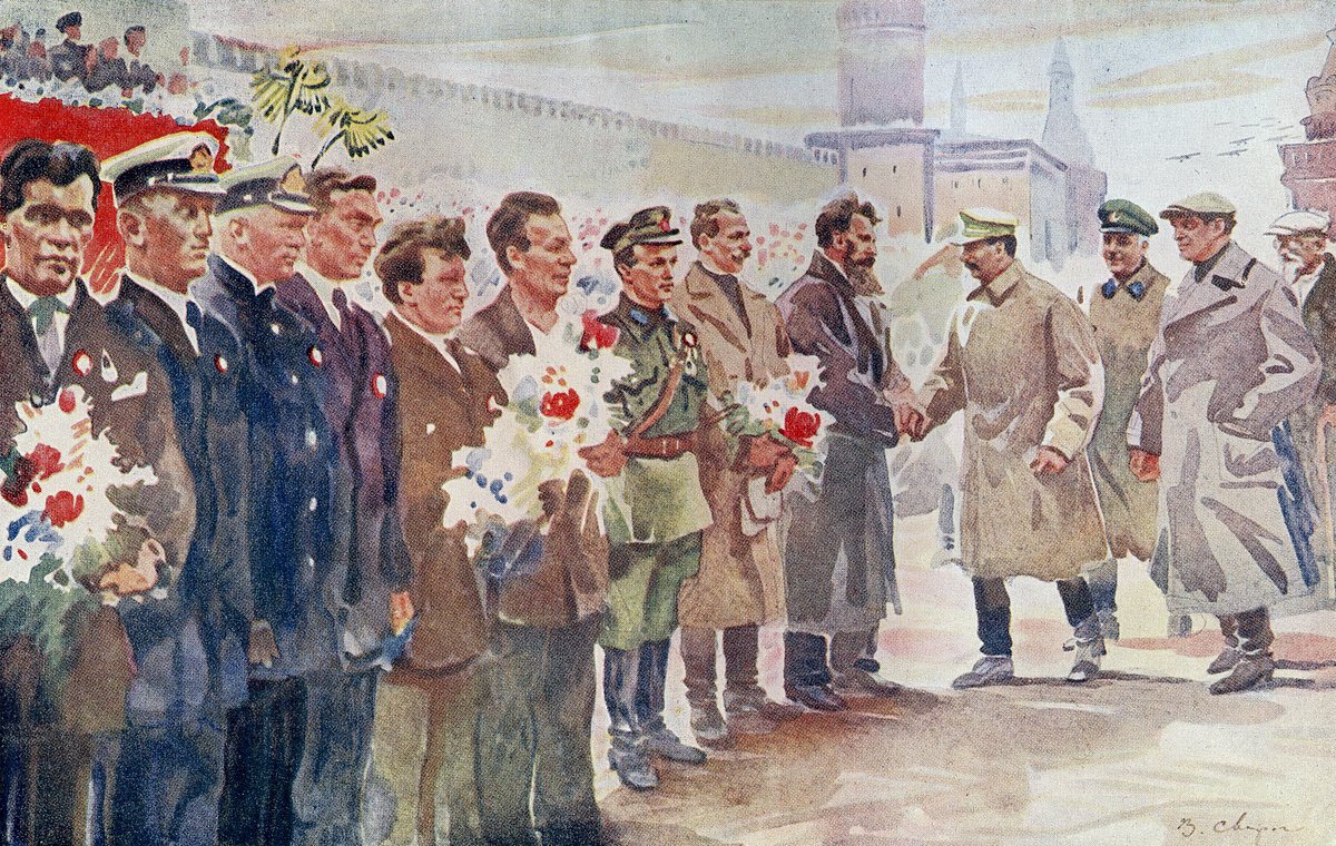 Встреча героев Арктики с товарищем Сталиным и членами Политбюро ЦК КВКП (б) на Красной площади в Москве 19 июня 1934 года. Акварель художника В. Сварога