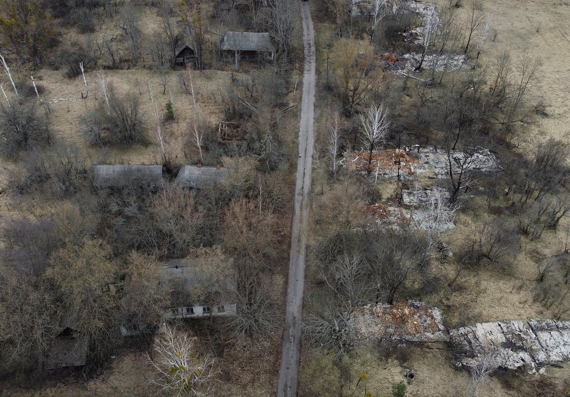 Остатки сгоревших домов в поселке Залесье в Чернобыльской зоне отчуждения 