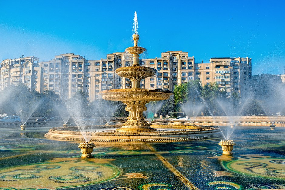 Central city fountain in Bucharest, capital of Romania
