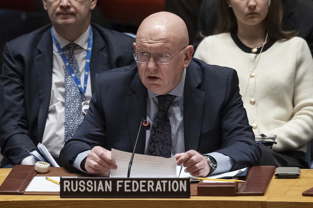 Постоянный представитель России в ООН Василий Небензя на экстренном заседании Совета Безопасности ООН, 14 апреля 2024 года