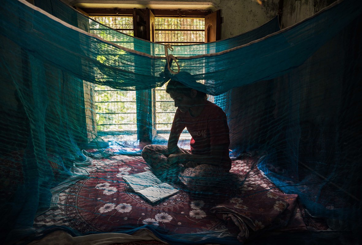 Девочка учится под антимоскитной сеткой в Индии для защиты от малярийных комаров