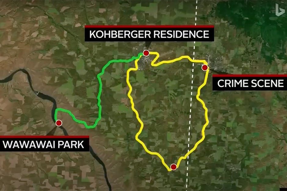 Желтым отмечен маршрут Кобергера в ночь на 13 ноября, по версии обвинения, зеленым — его маршрут, по версии защиты