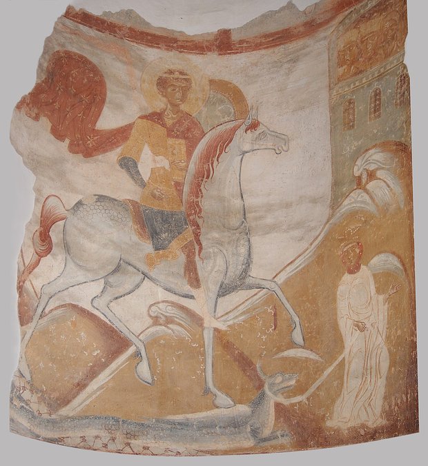 Святой Георгий Победоносец, фреска XII века, Старая Ладога