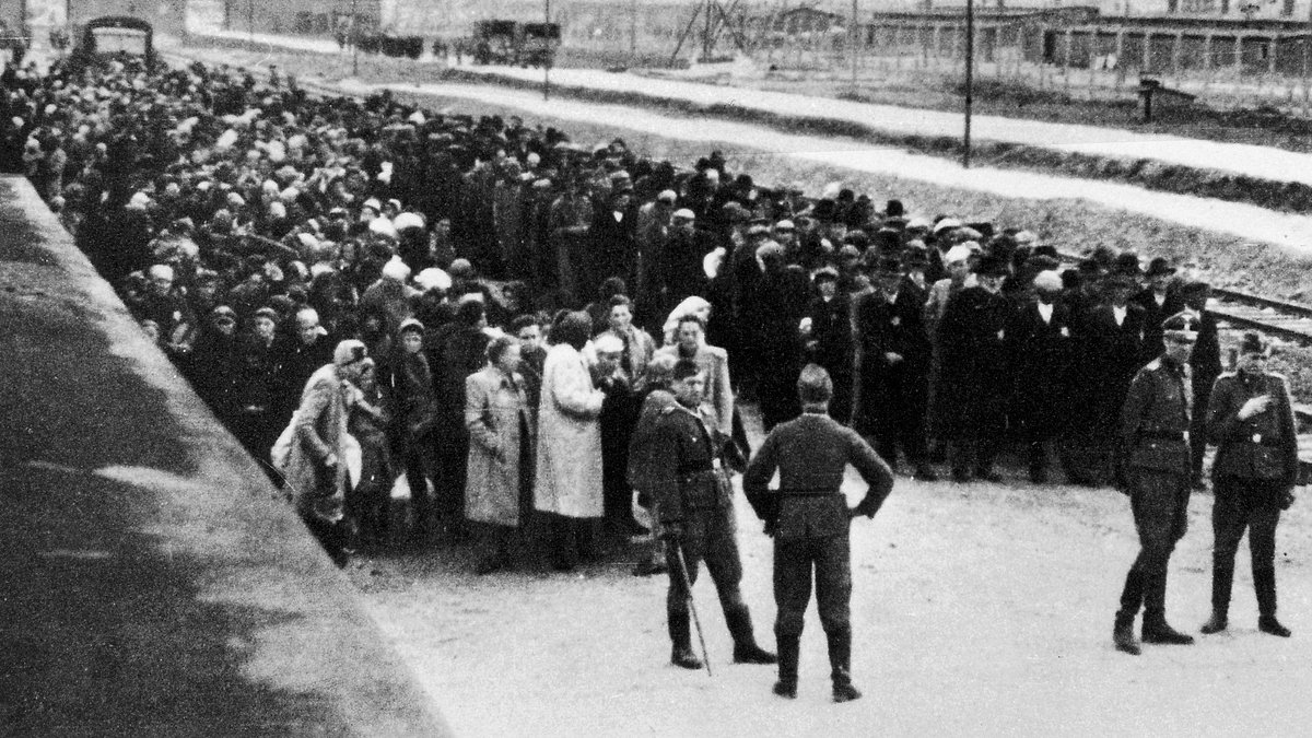 Прибывшие евреи на «рампе» концентрационного лагеря Освенцим