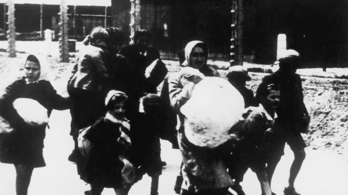 Группа женщин и детей прибывает в Освенцим. 1943 год