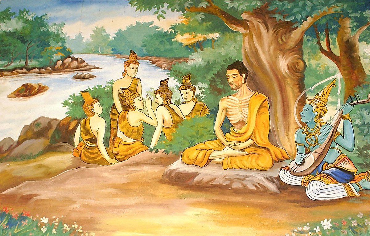 Изображение настенной росписи в Лаосском храме, изображающее Бодхисаттву Гаутаму (будущего Будду), совершающего крайние аскетические практики до своего просветления