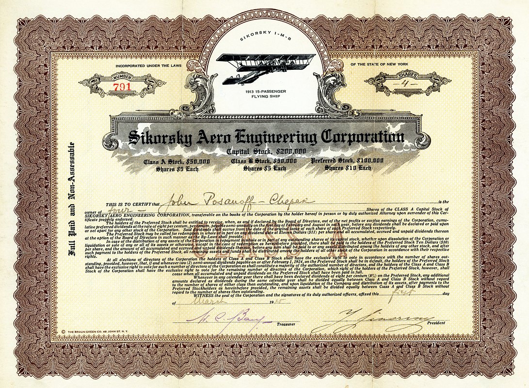 Именная акция класса А акционерного общества Sikorsky Aero Engineering Corporation, подписанная Игорем Сикорским в 1925 году