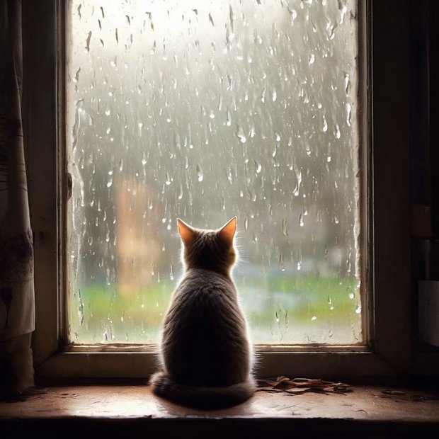 Запрос: милый котик смотрит на дождь через окно