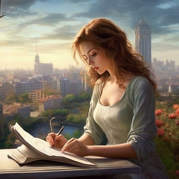Запрос: красивая женщина пишет книгу на фоне урбанистического пейзажа высокая прорисовка