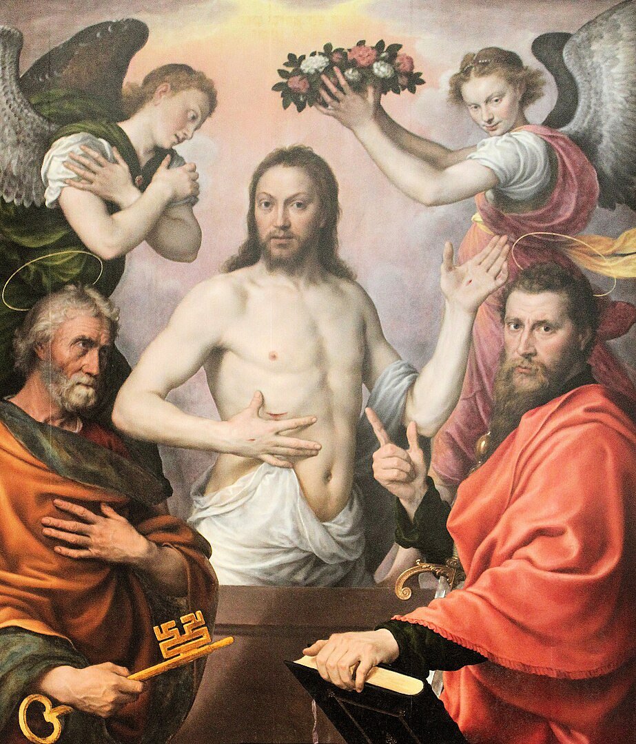 Воскресший Иисус Христос в окружении святых Петра, Павла и двух ангелов