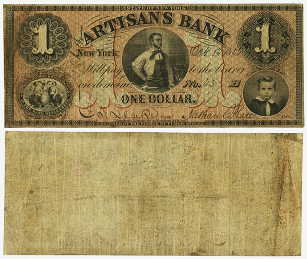 $1 Artisans Bank 1856 года выпуска. Скорее всего, это первая банкнота, эмитированная с использованием патента Тер-Серопяна