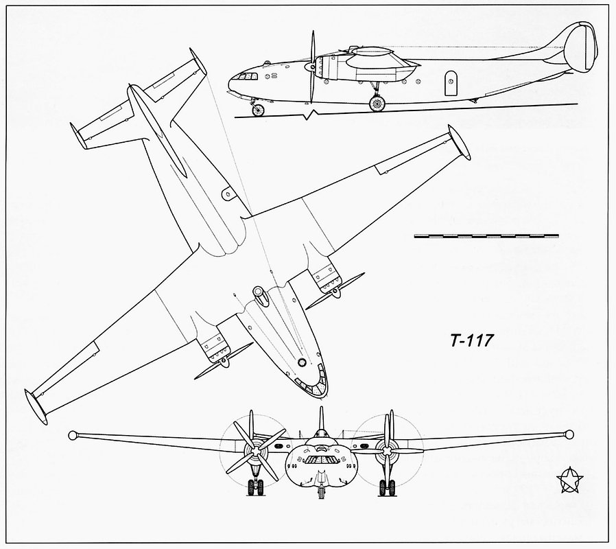 Чертеж Т-117 — первого отечественного широкофюзеляжного транспортного самолета. По проекту он должен был перевозить танки и грузовики. В десантном варианте мог перевозить 80 полностью экипированных бойцов. Проект самолета был утвержден, в 1946 году началась его постройка. Спустя 2 года проект был закрыт