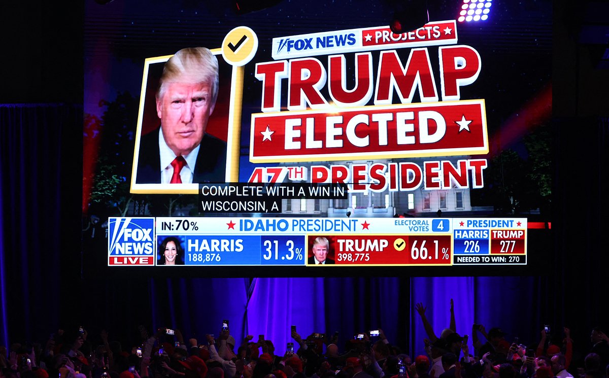Сторонники Дональда Трампа смотрят телеканал Fox News во время подведения итогов выборов президента США, 6 ноября 2024 года