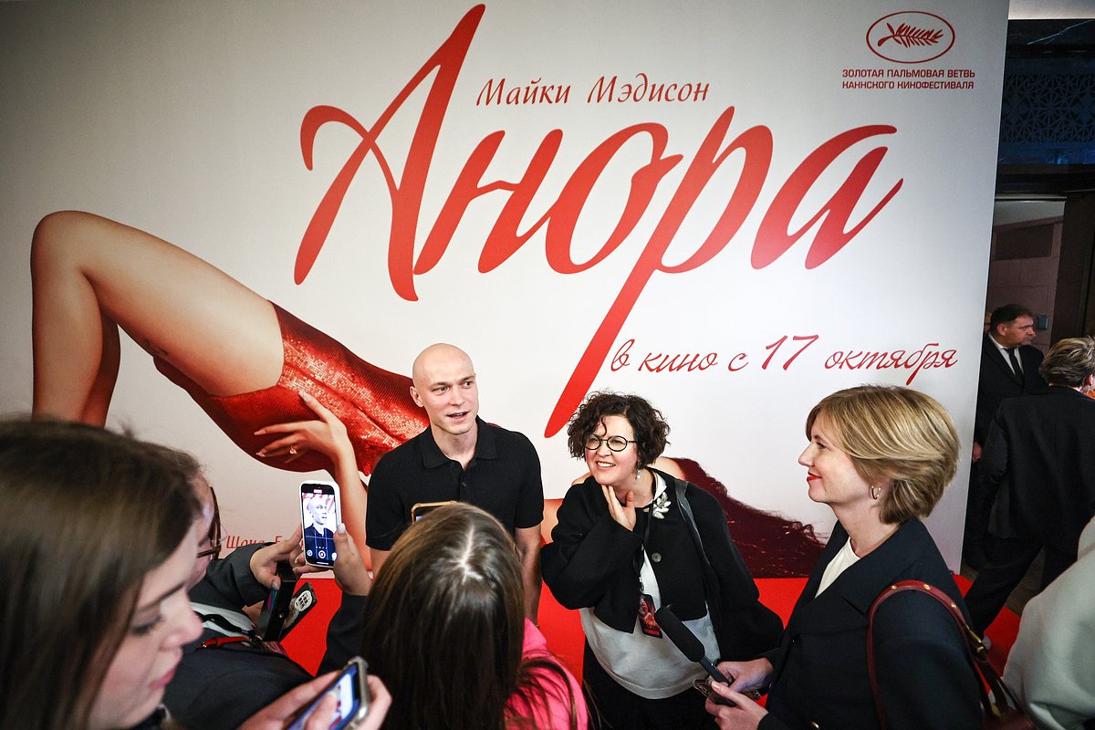 Russia. Moscow. Actor Yuri Borisov (center, left) during the film premiere 