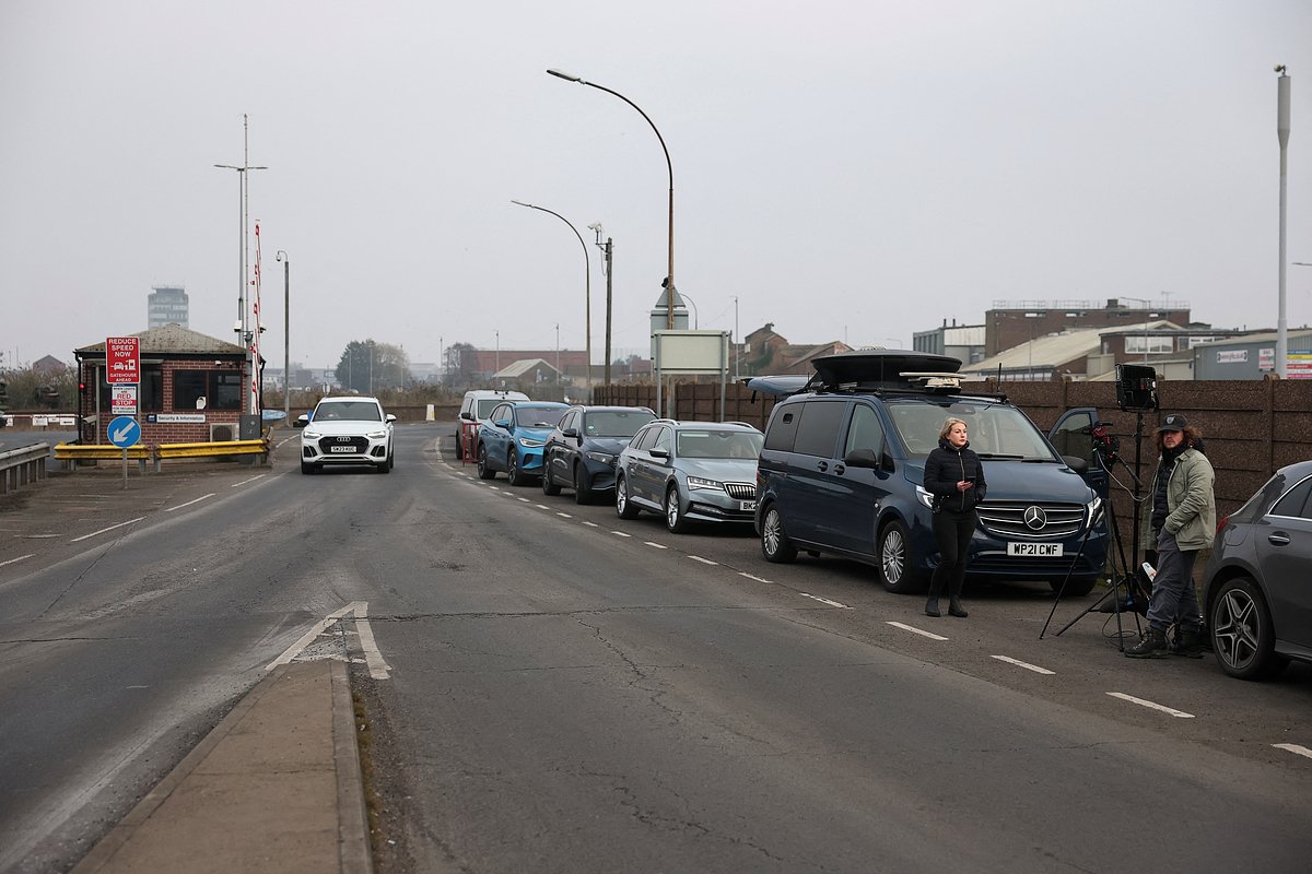 Members of the mediawork by an entrance to the Port of Grimsby, after a fuel tanker, operated by U.S. company Crowley and owned by Stena, and a container vessel named Solong were involved in a collision off the coast of northeast England, in Grimsby, Britain, March 10, 2025. 