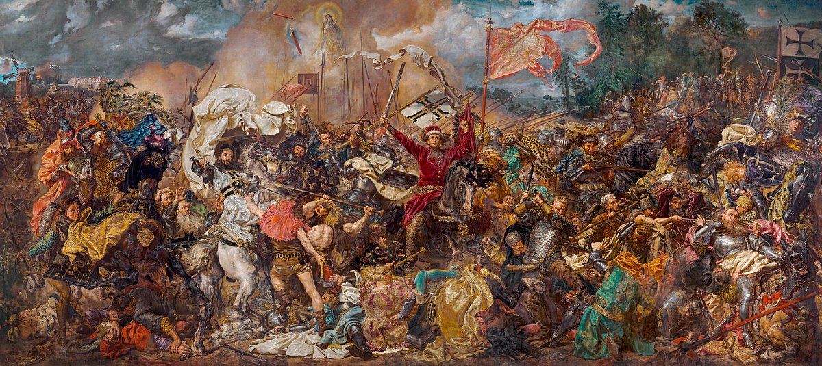 Грюнвальдская битва — решающее сражение Великой войны 1409-1411 годов, произошедшее 15 июля 1410 года. Ее результатом стала сокрушительная победа коалиции Королевства Польского и Великого княжества Литовского под предводительством короля Владислава II Ягайло и великого князя Литовского Витовта (изображен в центре картины с мечом в руке) над войском Тевтонского ордена.