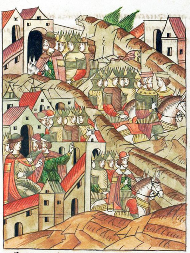 Отступление великого князя Литовского Ольгерда от Москвы в 1370 году. Миниатюра из Лицевого свода XVI века