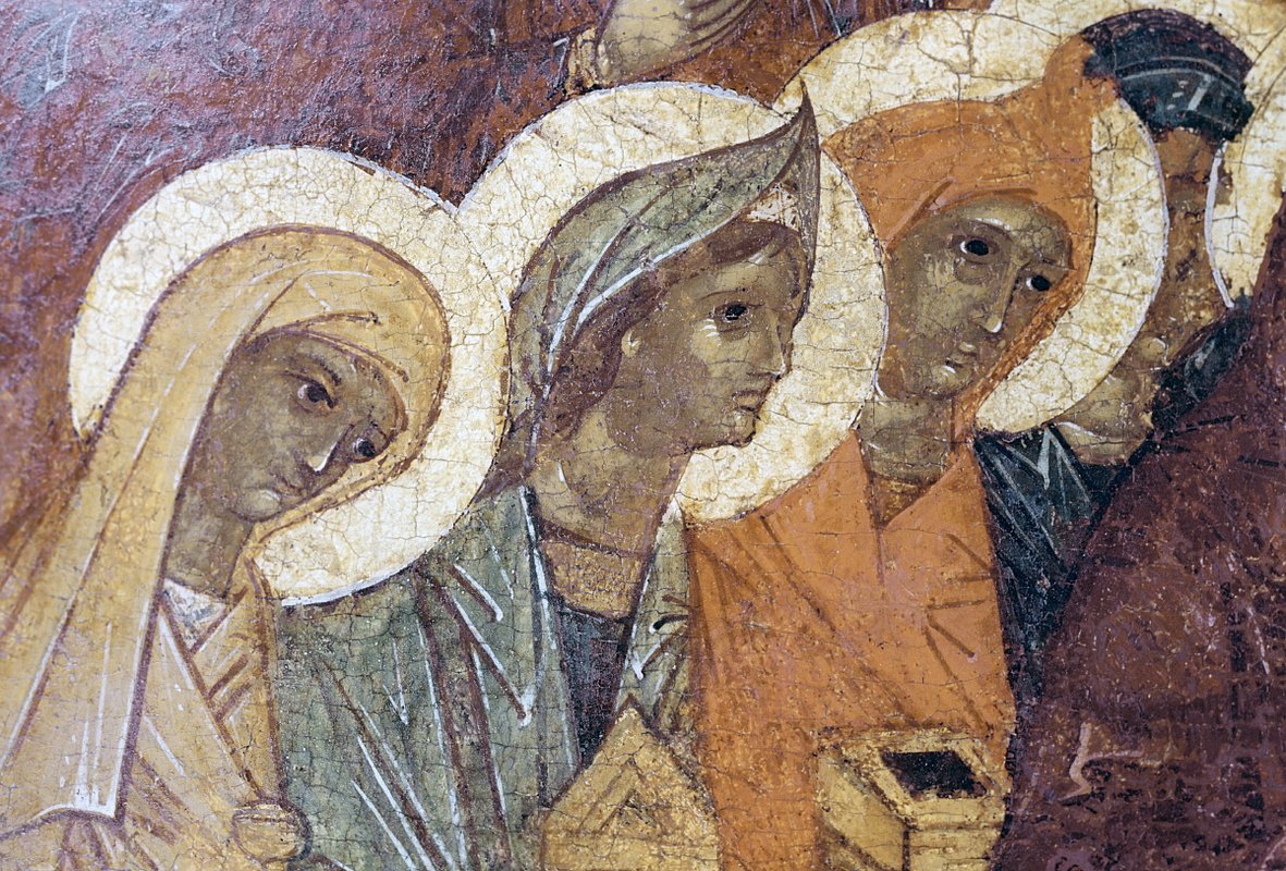 Икона «Жены-мироносицы у гроба господня». XVI век. Деталь. Живопись древнего Пскова. Репродукция.