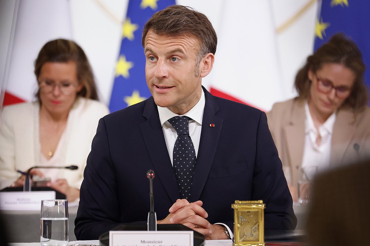 Президент Франции Эммануэль Макрон на встрече с промышленниками в Елисейском дворце, Париж, Франция, 3 апреля 2025 года