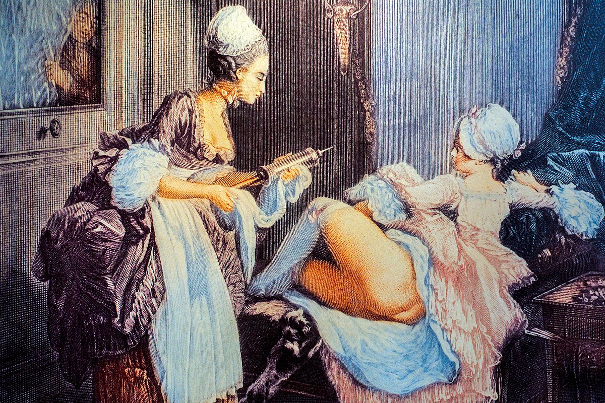 Картина Пьера-Антуана Бодуэна, 1770 год. На ней изображена буржуазная дама, которой делают клизму