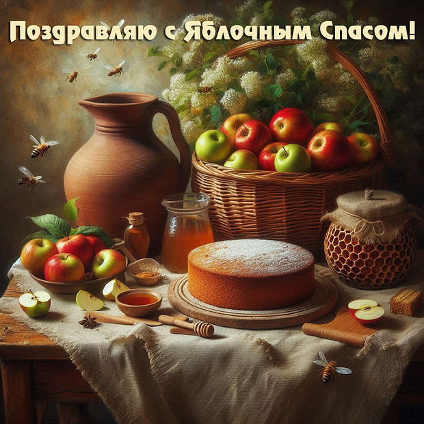 Картинка с поздравлением на Яблочный Спас

