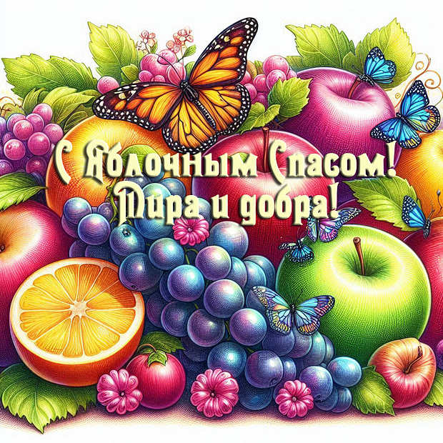 Картинка с поздравлением на Яблочный Спас

