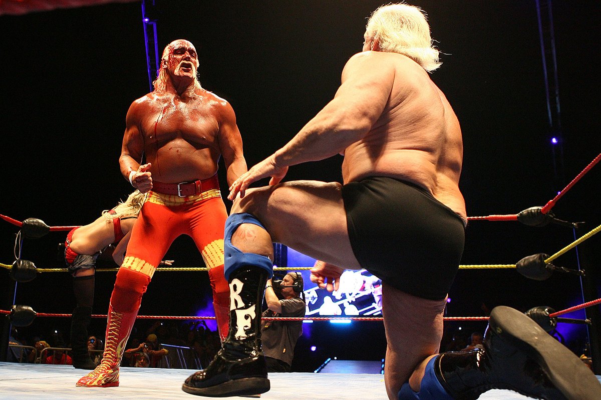 Hulk Hogan gestures to Ric Flair during his Hulkamania Tour at the Burswood Dome on November 24, 2009 in Perth, Australia