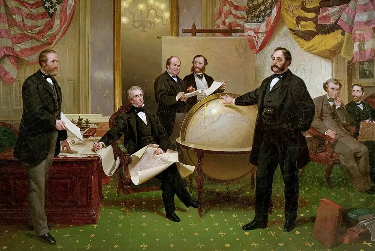 Подписание договора о продаже Аляски 30 марта 1867 года. Слева направо: Роберт С. Чу, Уильям Генри Сьюард, Уильям Хантер, Владимир Бодиско, Эдуард Стекль, Чарльз Самнер, Фредерик Сьюард