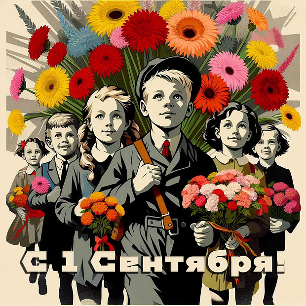 Открытка на 1 Сентября в советском стиле