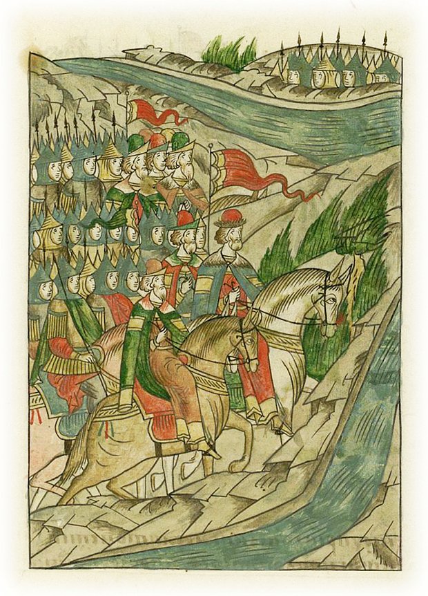 Книжная миниатюра «Великий князь Дмитрий Иванович с войском приходит в Березуй», Лицевой летописный свод Ивана Грозного