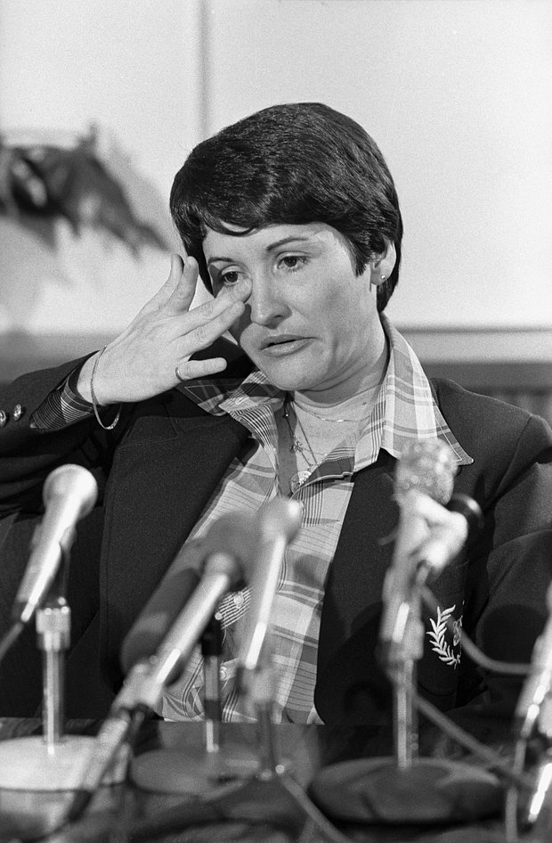 Rosie Ruiz, 26, of New York City, unofficial winner of the Boston Marathon that was run (4/21) is shown wiping tears from her eyes during a press conference at the Boston television station WBZ-TV 4/28. Ruiz met with race directors and continues to stick by her story. She was the first woman to cross the finish line in the race. Other runners question her finish, saying they never saw her on the course. Ruiz said she will feel