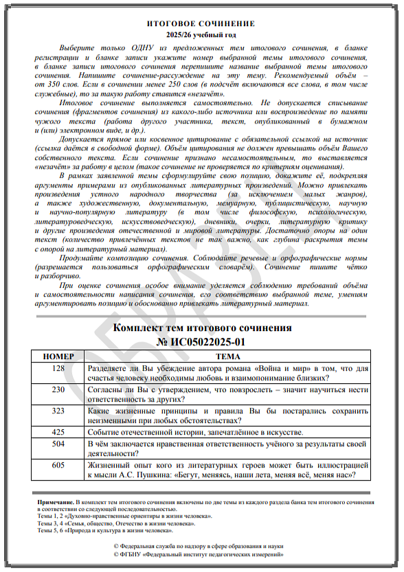 Образец задания при написании итогового сочинения